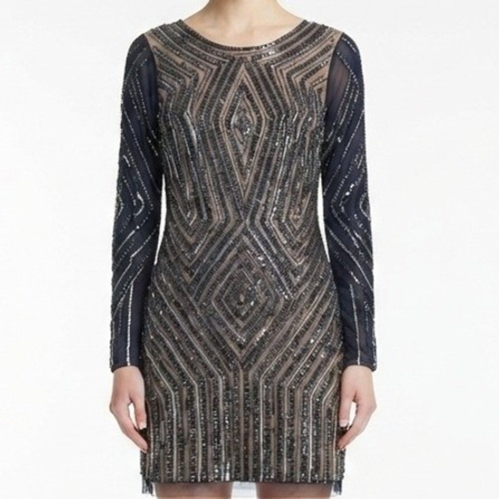 Adrianna Papell Cocktail Dress Womens 6 Navy Blue Sequin Beaded Art Deco Gatsby